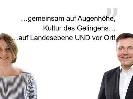Vorsitzteam mit Slogan "gemeinsam auf Augenhöhe, Kultur des Gelingens... auf Landesebene UND vor Ort"